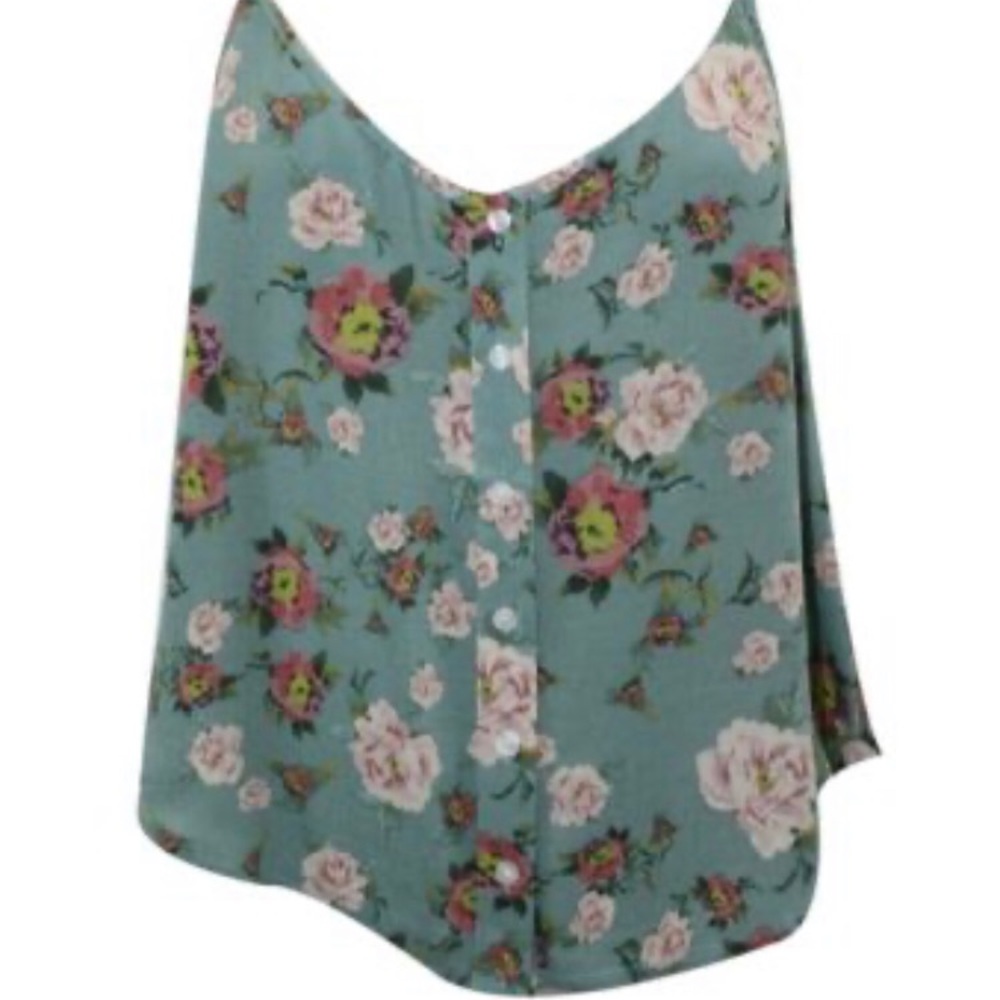 MinkPink Green Mint Spaghetti Straps Floral Button Down Camisole Top Blo…